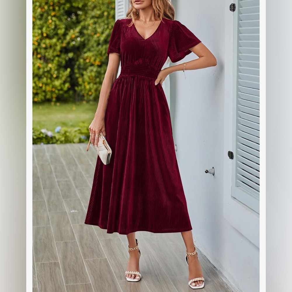 Merokeety women's short sleeve v-neck velvet maxi dress- size small wine red